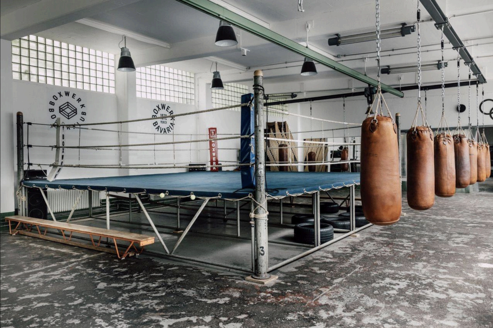 The ring and heavy bags at Boxwerk Munich